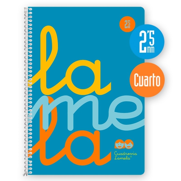 Lamela Cuaderno Espiral con 80 Hojas de 90g/m2 con Margen - Formato Cuarto - Pauta Cuadrovia de 2.5mm - Cubierta Extra Dura - Papel Offset Blanco Extra - Color Azul