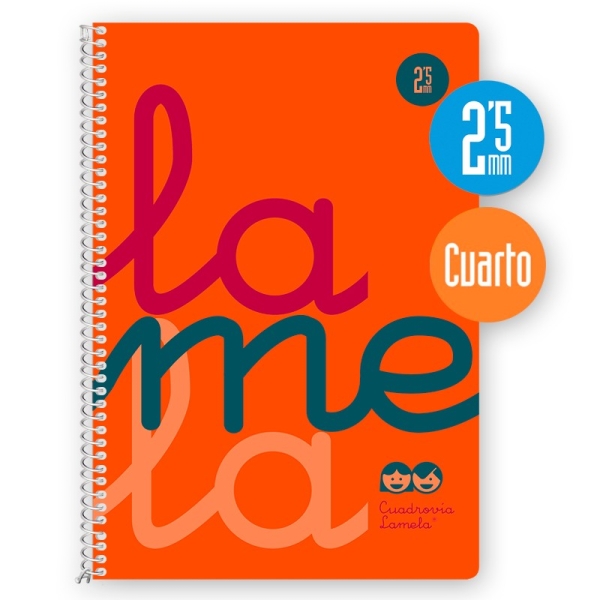 Lamela Cuaderno Espiral con 80 Hojas de 90g/m2 con Margen - Formato Cuarto - Pauta Cuadrovia de 2.5mm - Cubierta Extra Dura - Papel Offset Blanco Extra - Color Naranja