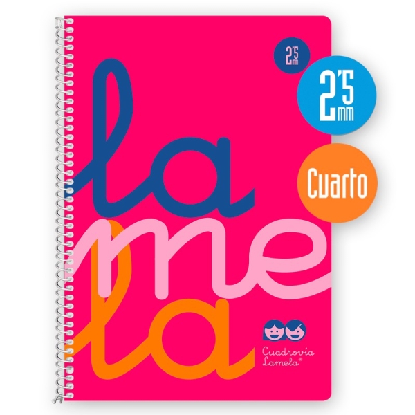 Lamela Cuaderno Espiral con 80 Hojas de 90g/m2 con Margen - Formato Cuarto - Pauta Cuadrovia de 2.5mm - Cubierta Extra Dura - Papel Offset Blanco Extra - Color Rosa