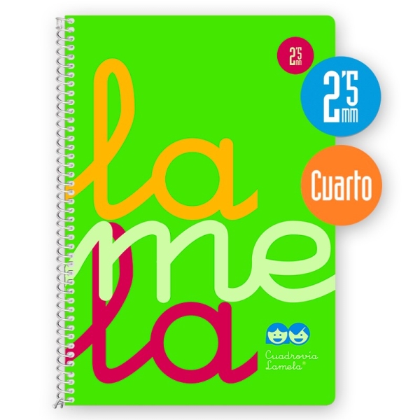 Lamela Cuaderno Espiral con 80 Hojas de 90g/m2 con Margen - Formato Cuarto - Pauta Cuadrovia de 2.5mm - Cubierta Extra Dura - Papel Offset Blanco Extra - Color Verde
