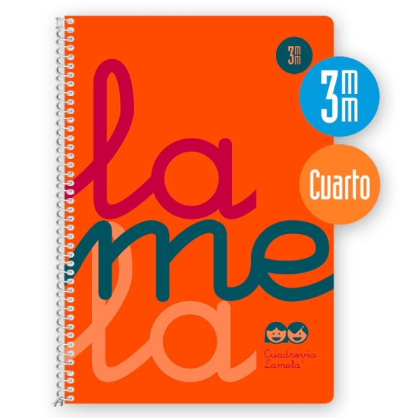 Lamela Cuaderno Espiral con 80 Hojas de 90g/m2 con Margen - Formato Cuarto - Pauta Cuadrovia de 3mm - Cubierta Extra Dura - Papel Offset Blanco Extra - Color Naranja