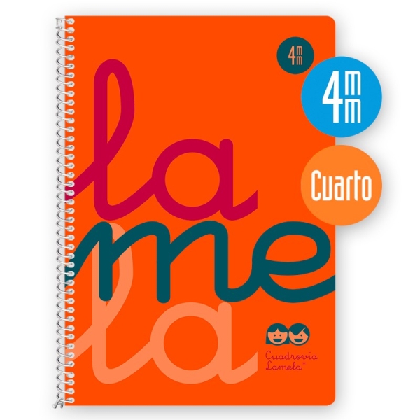 Lamela Cuaderno Espiral con 80 Hojas de 90g/m2 con Margen - Formato Cuarto - Pauta Cuadrovia de 4mm - Cubierta Extra Dura - Papel Offset Blanco Extra - Color Naranja