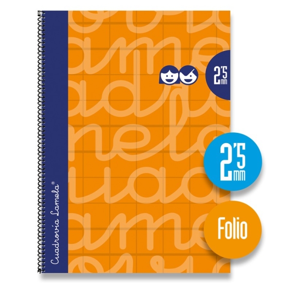 Lamela Cuaderno Espiral con 80 Hojas de 90g/m2 con Margen - Formato Folio - Pauta Cuadrovia de 2.5mm - Cubierta Extra Dura - Papel Offset Blanco Extra - Color Naranja