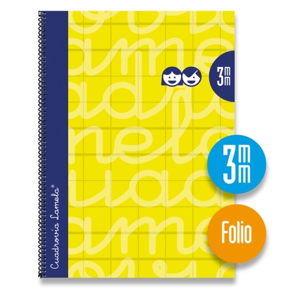 Lamela Cuaderno Espiral con 80 Hojas de 90g/m2 con Margen - Formato Folio - Pauta Cuadrovia de 3mm - Cubierta Extra Dura - Papel Offset Blanco Extra - Color Amarillo