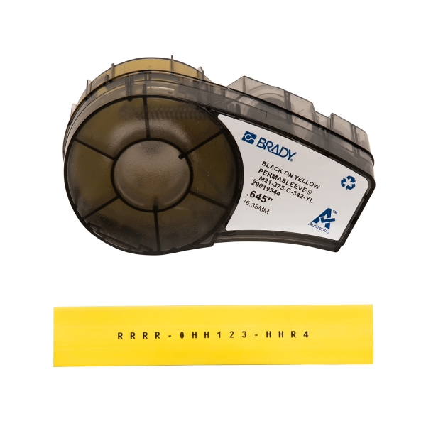 Brady M21-375-C-342-YL Cinta de Etiquetas Original Termocontractiles PermaSleeve - Texto Negro sobre Fondo Amarillo - Ancho 16,38mm x 2,1m
