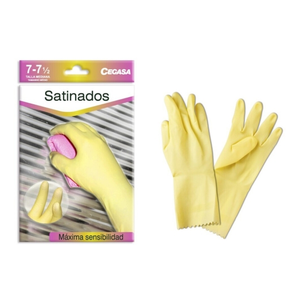 Cegasa Guantes de Latex Talla M 7-7 1/2 - Satinados - Uso General, Domestico, Limpieza - Espesor en Palma de 0,45mm - Color Amarillo