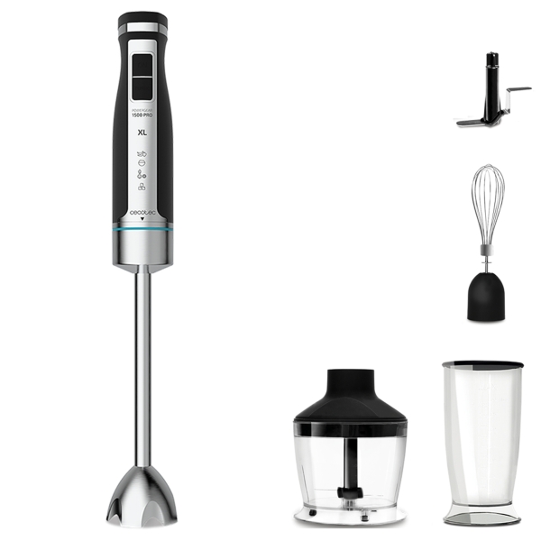 Cecotec PowerGear 1500 XL Pro Batidora de Mano - 1500W - Vaso de 0.8L - Picadora de 0.6L - Velocidad Ajustable - Incluye Accesorios - Cuchillas Recubiertas de Titanio - Modo Turbo - Color Acero