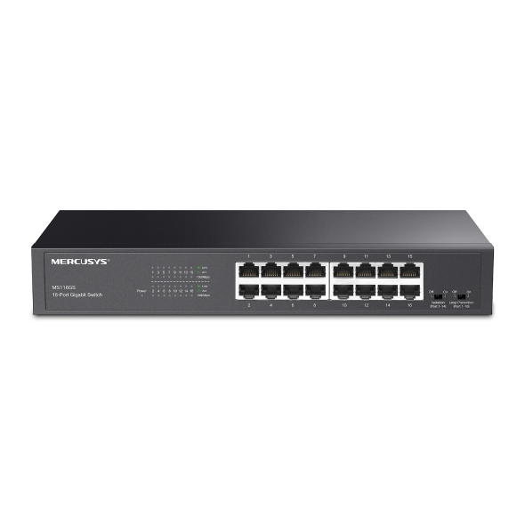 Mercusys MS116GS Switch 16 Puertos Gigabit RJ45 10/100/1000Mbps con Auto-Negociacion - Plug & Play - Montaje Escritorio o Rack - Color Negro