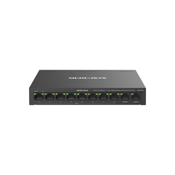 Mercusys MS110CP Swtich 10 Puertos RJ45 - 8 Puertos 10/100Mbps PoE+ - 2 Puertos Gigabit - Hasta 250 Metros de Alcance - Color Negro
