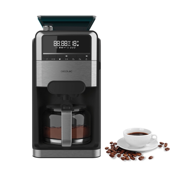 Cecotec Coffee 66 Grind and Brew Cafetera de Goteo de 12 Tazas - 1400W - Jarra de 1.5L - Programable - Acabados en Acero Inoxidable - Deposito y Molinillo Integrado - Color Negro y Gris