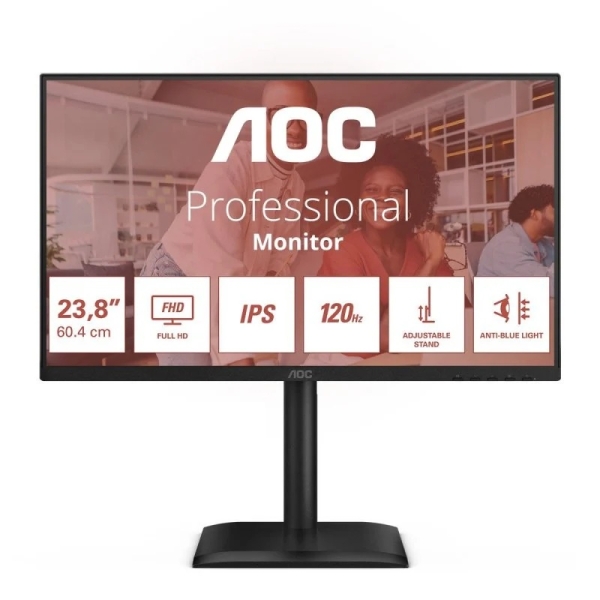 AOC Monitor 23.8" LED IPS FullHD 120Hz - Respuesta 4ms - Ajustable en Altura, Giratorio e Inclinable  - Altavoces 4W - USB, HDMI, DisplayPort, VGA, Audio - VESA 100x100