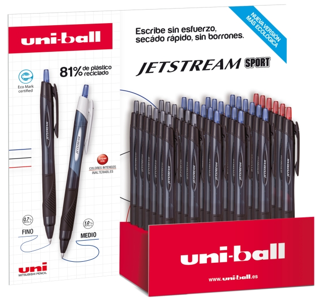 Uni-ball SXN-157E JetStream Sport Expositor de 36 Boligrafos Retractiles - Punta de Bola 0.7mm - Tinta Pigmentada Resistente al Agua y Luz - Secado Instantaneo - Colores Surtidos