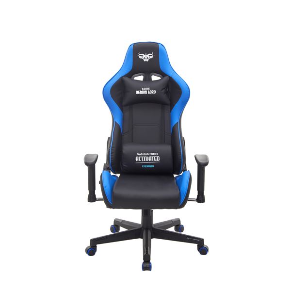 Cromad Serie Demon Lord Silla Gaming - Estructura Robusta - Piel Sintetica de Alta Calidad - Altura Regulable con Piston de Gas Clase 2 - Respaldo Reclinable - Cojin Lumbar y Cervical - Reposabrazos Regulables - Color Negro/Azul