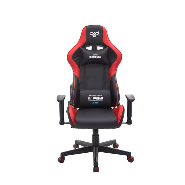 Cromad Serie Demon Lord Silla Gaming - Estructura Robusta - Piel Sintetica de Alta Calidad - Altura Regulable con Piston de Gas Clase 2 - Respaldo Reclinable - Cojin Lumbar y Cervical - Reposabrazos Regulables - Color Negro/Rojo