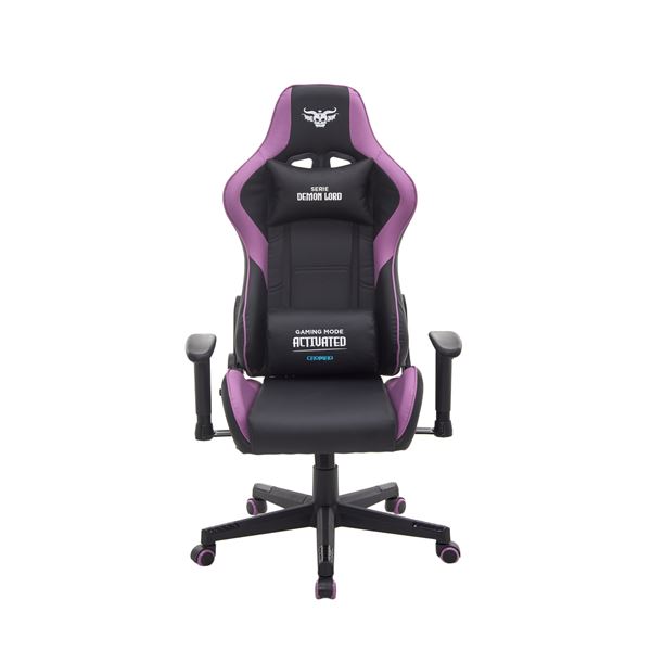 Cromad Serie Demon Lord Silla Gaming - Estructura Robusta - Piel Sintetica de Alta Calidad - Altura Regulable con Piston de Gas Clase 2 - Respaldo Reclinable - Cojin Lumbar y Cervical - Reposabrazos Regulables - Color Negro/Violeta