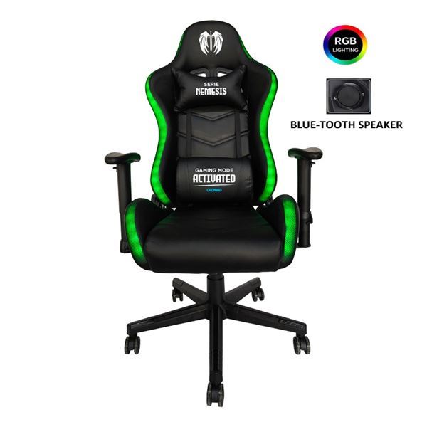 Cromad Serie Nemesis Silla Gaming RGB - Estructura Robusta - Piel Sintetica de Alta Calidad - Altura Regulable con Piston de Gas Clase 2 - Respaldo Reclinable - Cojin Lumbar y Cervical - Reposabrazos Regulables - Altavoces Bluetooth - Color Negro