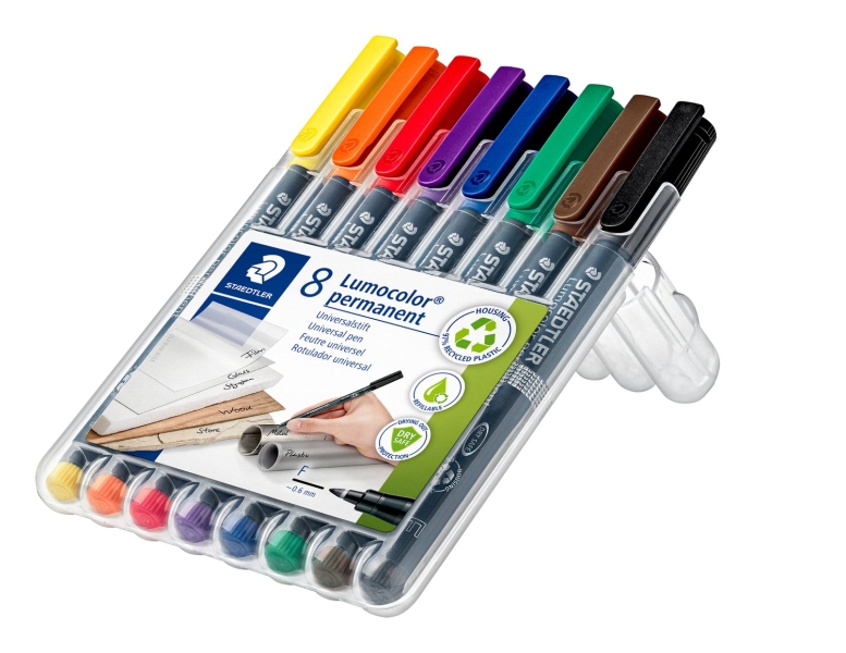 Staedtler Lumocolor 318 Pack de 8 Rotuladores Permanentes - Punta Fina Redonda - Trazo 0.6mm - Capuchon con Clip - Secado Rapido - Colores Surtidos