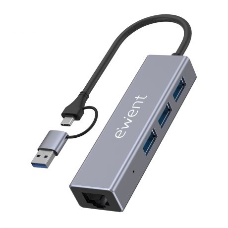 Ewent Adaptador de Red USB-C + USB-A/M 3.2 Gen1 a Ethernet Gigabit 10/100/1000 Mbps + Hub 3xUSB-A 3.2 Gen1 - 15 cm - Color Gris