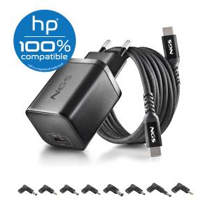 NGS BUD65W-H Cargador GaN 65W para Portatiles HP - USB C Power Delivery y PPS - 8 Conectores DC Incluidos - Cable USB C 1.5 m 60W - Diseno Ultraportatil - Proteccion contra Sobrecargas y Sobrecalentamiento