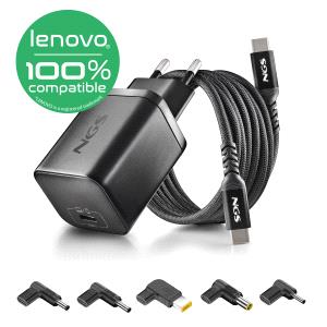 NGS BUD65W-L Cargador GaN 65W para Portatiles Lenovo - USB C Power Delivery y PPS - 5 Conectores DC Incluidos - Cable USB C 1.5 m 60W - Diseno Ultraportatil - Proteccion contra Sobrecargas y Sobrecalentamiento