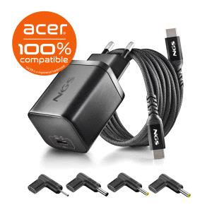 NGS BUD65W‑AC Cargador GaN 65W para Portatiles Acer - USB C Power Delivery y PPS - 4 Conectores DC Incluidos - Cable USB C 1.5m 60W - Diseño Ultraportatil - Proteccion contra Sobrecalentamiento y Sobrecargas