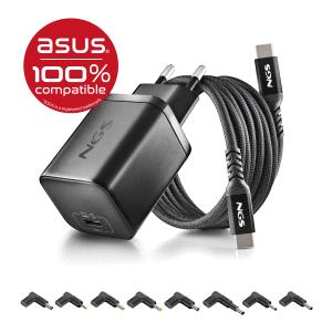 NGS BUD65W-AS Cargador GaN 65W para Portatiles ASUS - USB C Power Delivery y PPS - 8 Conectores DC Incluidos - Cable USB C 1.5 m 60W - Diseno Ultraportatil - Proteccion contra Sobrecargas y Sobrecalentamiento