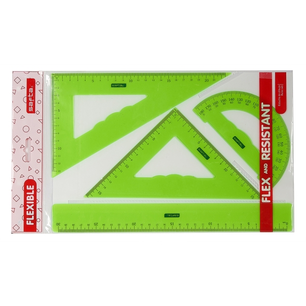 Safta Pack de 4 Reglas - Regla de 30cm - Escuadra de 25cm - Cartabon de 25cm - Semicirculo Transportador de Angulos - Colores Surtidos