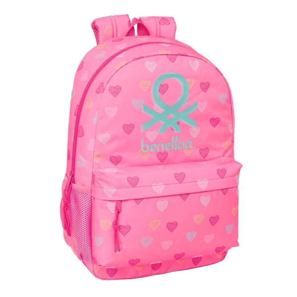 Safta Benetton Heart Mochila Adaptable a Carro - Bolsillos Laterales - Tirador Doble - Bolsillo Frontal - Hombreras Ergonomicas - Espalda Acolchada - Asa Superior - 300x140x460mm - Color Rosa