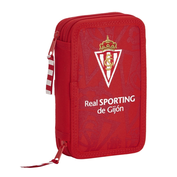 Safta Real Sporting de Gijon Corporativa Plumier de 2 Pisos - 28 Piezas - 1L - Goma - Lapiz - Boligrafo - Sacapuntas - 10 Colores - 14 Rotuladores - 125x40x195mm - Color Rojo