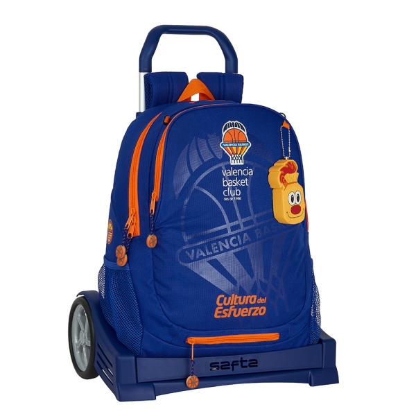 Safta Valencia Basket Mochila con Carro - Portabotellas - Dos Compartimentos - Tirador Doble - Hombreras y Espalda Acolchadas - Asa Superior - Mochila Extraible - 320x160x440mm - Color Azul Oscuro