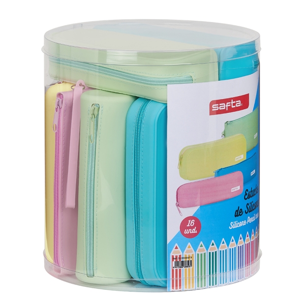 Safta Pack de 16 Estuches - Caja Cilindrica de PVC Transparente - Silicona de Alta Calidad - Flexible - Facil de Limpiar - 227x230mm - Colores Surtidos