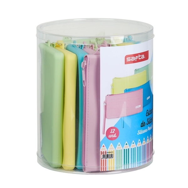 Safta Pack de 12 Estuches Planos - Caja Cilindrica de PVC Transparente - Silicona de Alta Calidad - Flexible - Facil de Limpiar - 195x230mm - Colores Surtidos