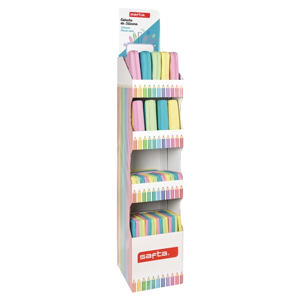Safta Expositor con Portatodos - Carton Resistente - Cuatro Alturas - Modelos Variados de Portatodos - Presentacion Ordenada y Atractiva - 200x20x55mm - Colores Surtidos