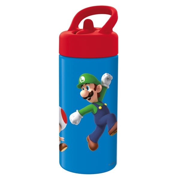 Safta Super Mario Botella de 410ml - Cierre Hermetico - Valvula de Salida de Agua - Asa Superior - Tapon Roscado - Color Rojo y Azul