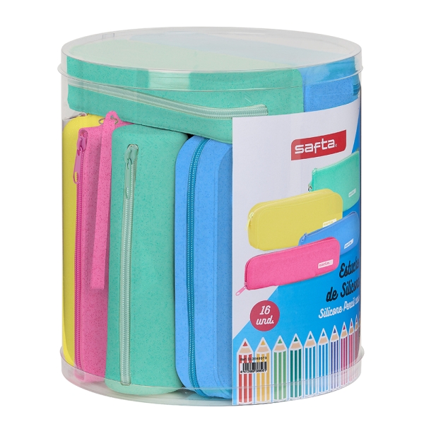 Safta Silicone Glitter Pack de 16 Estuches - Silicona con Purpurina - Caja Cilindrica de PVC Transparente - Variedad de Modelos - Flexible - Facil de Limpiar - 227x230mm - Colores Surtidos