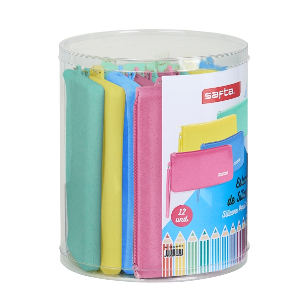 Safta Silicone Glitter Pack de 12 Estuches Planos - Silicona con Purpurina - Caja Cilindrica de PVC Transparente - Flexible - Facil de Limpiar - 195x230mm - Colores Surtidos