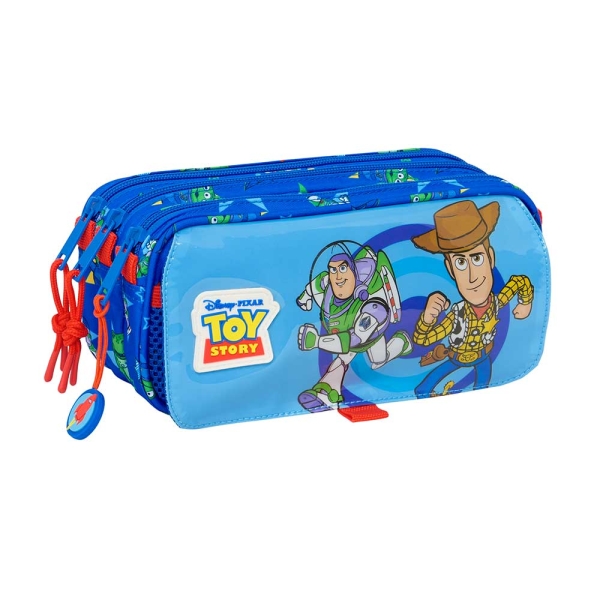 Safta Toy Story Good Vibes Portatodo - 3 Compartimentos con Cremalleras - Bolsillo Frontal - Cinta Adaptable - 1.72L - 215x80x100mm - Color Azul