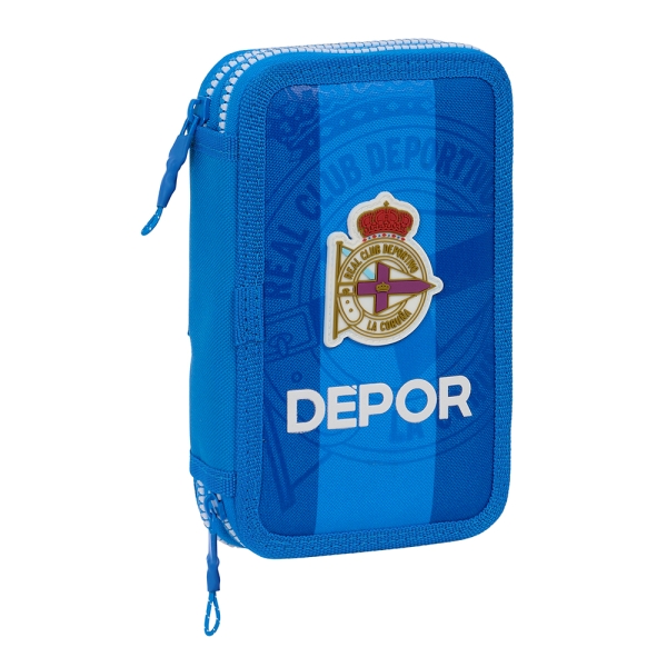 Safta Real Deportivo de la Coruña Plumier de 2 Pisos - 28 Piezas - 1L - Goma - Lapiz - Boligrafo - Sacapuntas - 10 Colores - 14 Rotuladores - 125x40x195mm - Color Azul