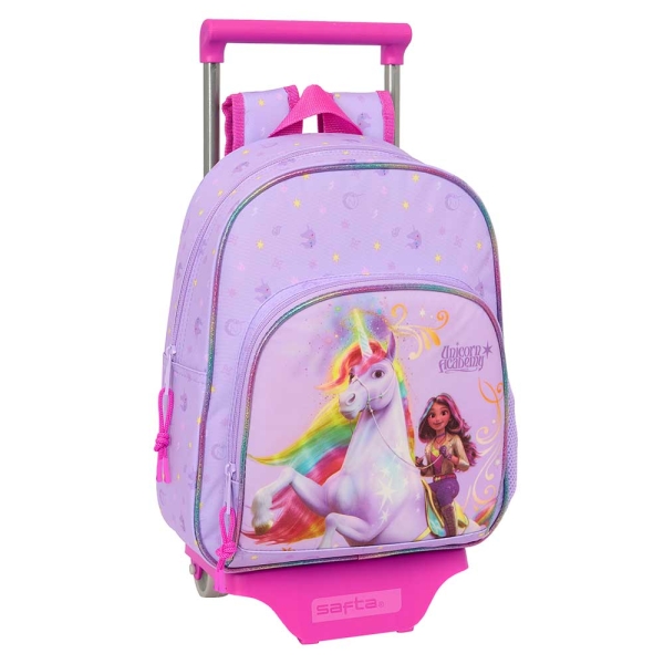 Safta Unicorn Academy Mochila con Carro - Portabotellas - Hombreras Acolchadas - Bolsillo Frontal - Asa Superior - Mochila Extraible - Material Resistente - 28x10x67cm - Color Rosa