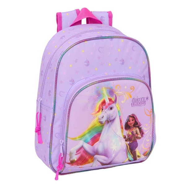 Safta Unicorn Academy Mochila Infantil - Adaptable a Carro - Portabotellas - Hombreras Ergonomicas - Bolsillo Frontal - Asa de Mano - 9.5L - 280x100x340mm - Color Rosa