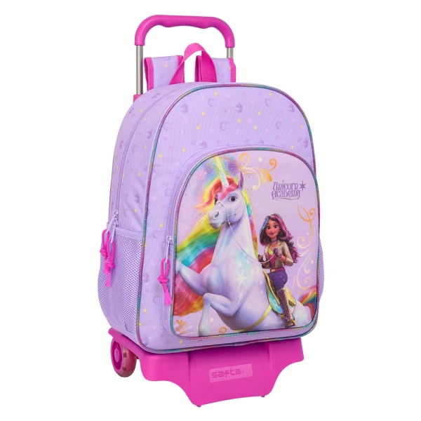 Safta Unicorn Academy Mochila con Carro - Portabotellas - Tirador Doble - Hombreras Ergonomicas - Mochila Extraible - Ruedas de Goma - 21L - 330x140x420mm - Color Rosa