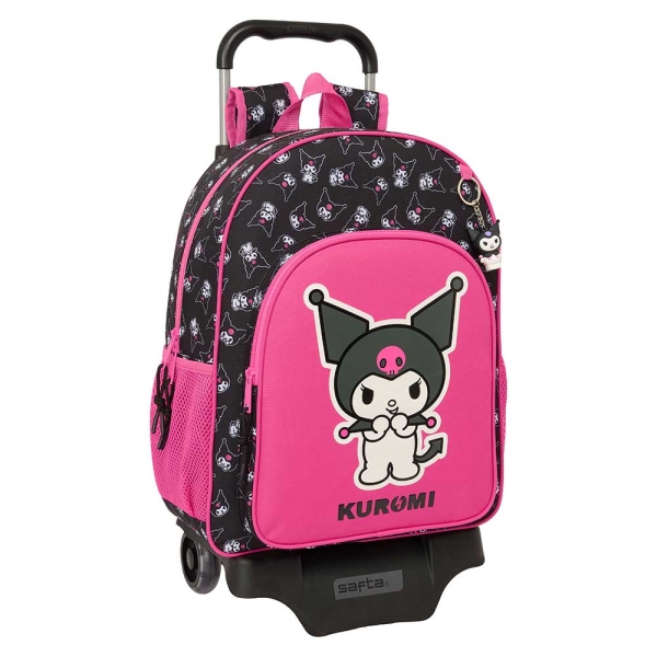 Safta Kuromi Mochila con Carro - Portabotellas - Doble Tirador - Ergonomia Acolchada - Mochila Extraible - Ruedas de Goma - 21L - 330x140x420mm - Color Negro y Rosa