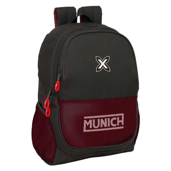 Safta Munich Vulcan Mochila Adaptable a Carro - Bolsillos Laterales - Dos Compartimentos - Cremalleras Dobles - Hombreras Acolchadas - Asa Superior - 23L - 320x160x440mm - Color Negro y Rojo