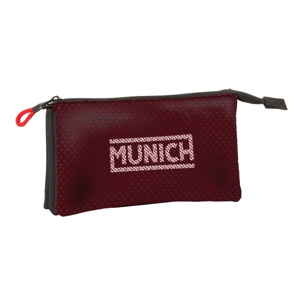 Safta Munich Vulcan Portatodo - 3 Compartimentos con Cremalleras - Bolsillo Interior - 0.6L - 220x30x120mm - Color Negro y Rojo