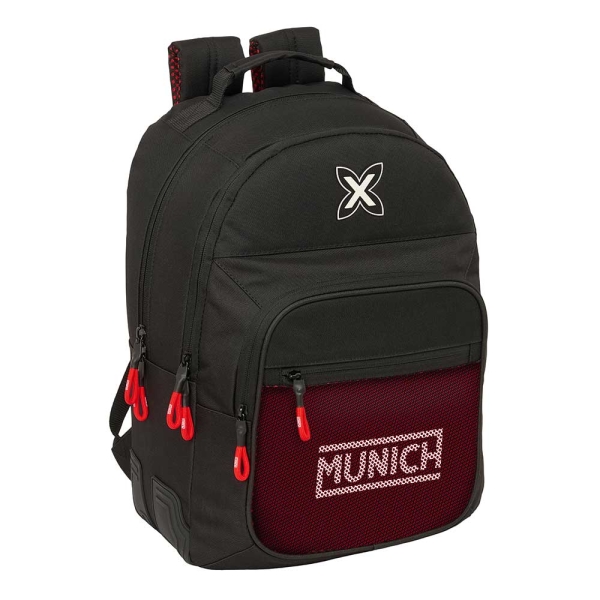 Safta Munich Vulcan Mochila con 2 Compartimentos - Cantoneras Antirozaduras - Adaptable a Carro - Portabotellas - Tirador Doble - Asa Forrada - 20L - 320x150x420mm - Color Negro y Rojo