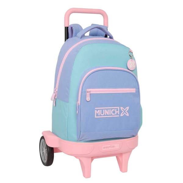 Safta Munich Mellow Mochila con Carro - Extraible - Portabotellas - Tirador Doble - Hombreras Acolchadas - Tarjeta ID - Ruedas Antivibracion - Carro de PP - 33L - 330x220x450mm - Color Azul Claro