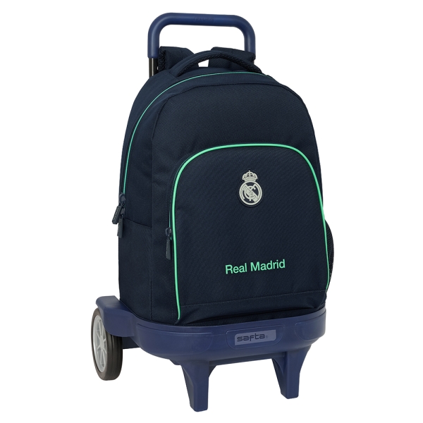 Safta Real Madrid 2ª Equipacion 25/26 Mochila con Carro - Portabotellas - Hombreras Acolchadas - Tarjeta ID - Bandeja PVC - Ruedas Antivibracion - 330x220x450mm - Color Azul Marino
