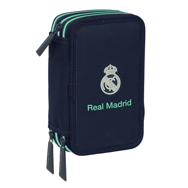Safta Real Madrid 2ª Equipacion 25/26 Plumier de 3 Pisos - 37 Piezas - 1.3L - Goma - Lapiz - Boligrafos - Sacapuntas - Reglas - 16 Colores - 14 Rotuladores - 125x55x195mm - Color Azul Marino