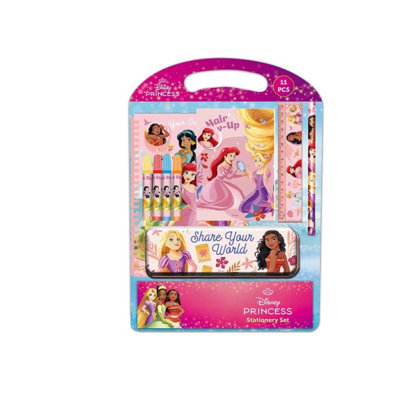 Safta Princesas Disney Bloom Pack Escolar con Plumier Metalico - Lapiz - 4 Rotuladores - Regla 15cm - Sacapuntas - Goma - Libreta A4 - Bloc de Notas A6 - 270x30x375mm - Multicolor