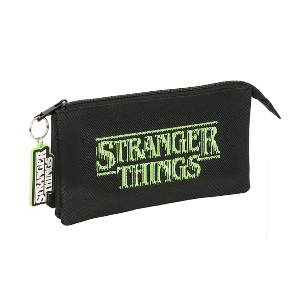Safta Stranger Things Portatodo - 3 Compartimentos con Cremalleras - Bolsillo Interior - 0.6L - 220x30x120mm - Color Negro